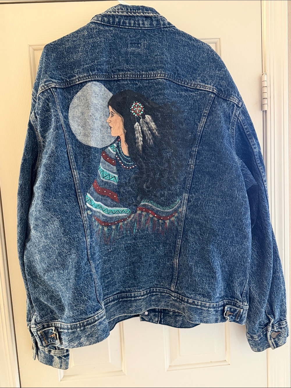 Hand-Painted Blue Denim Jacket with Moon & Native-Inspired Artwork